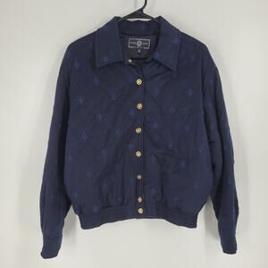St John Sport Navy Blue Embriodered Button Down Bomber Jacket M